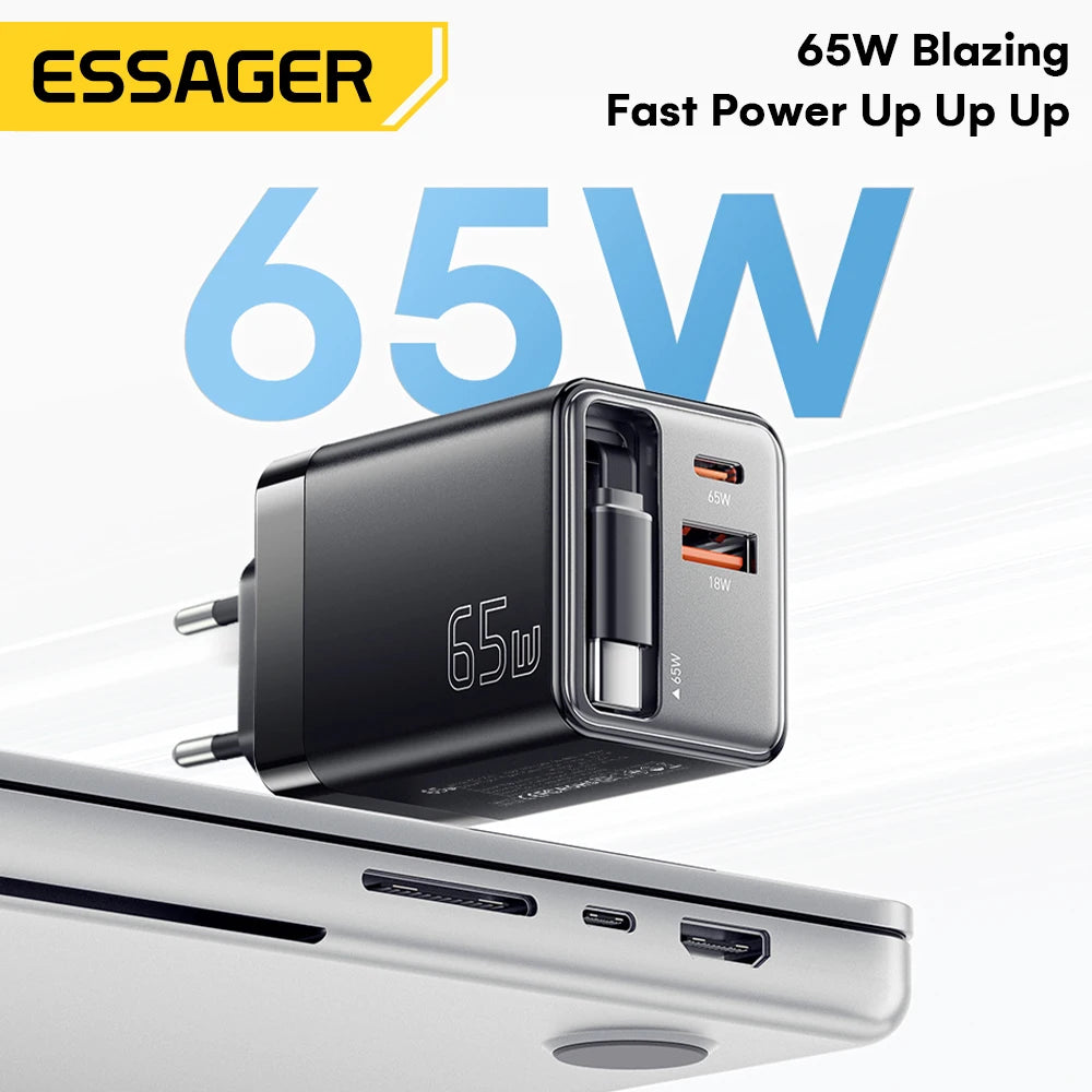 Essager 65W GaN Charger with Retractable Cable PD Fast Charg