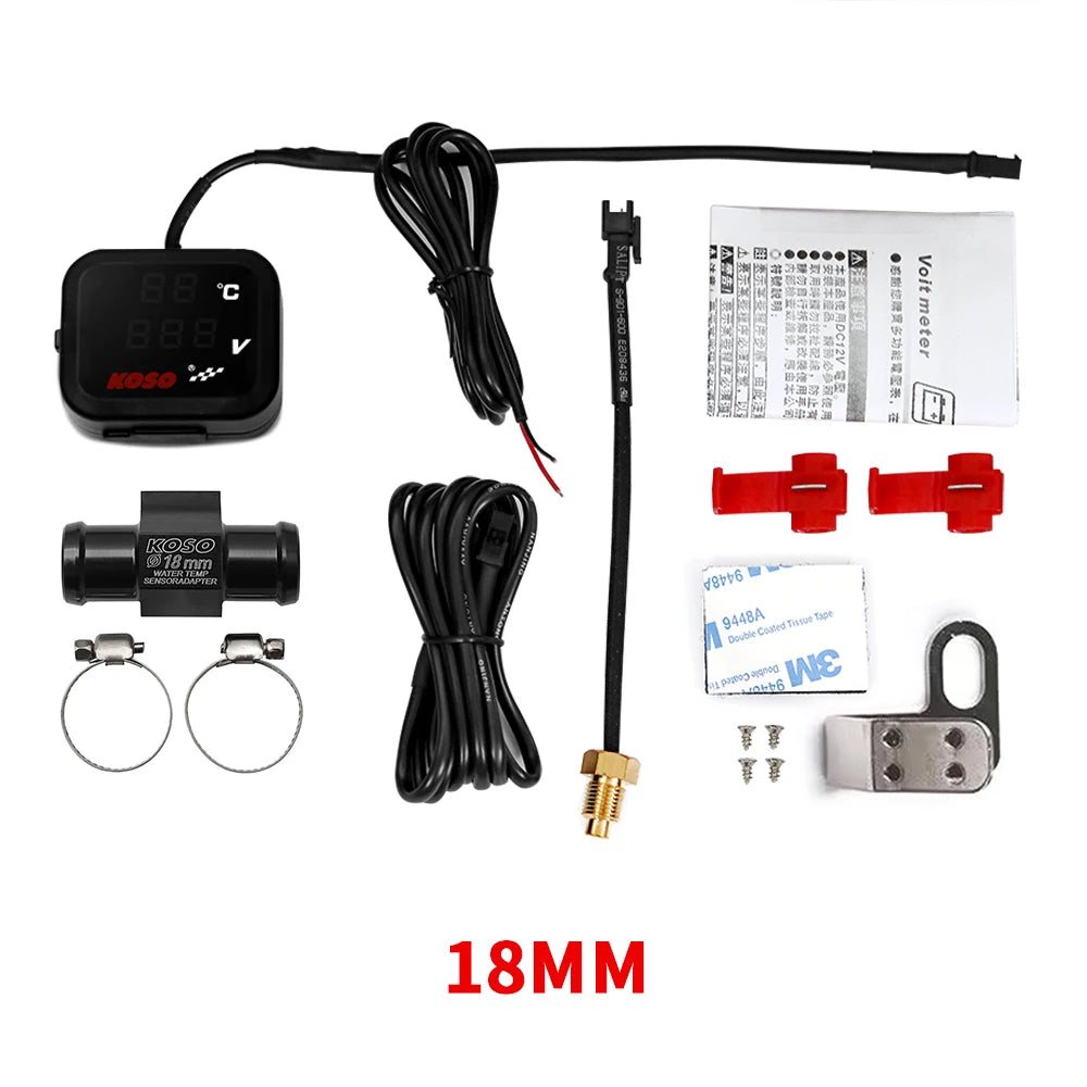 KOSO Water Temp Meter Voltmeter Gauge Motorcycle Phone USB Charger Charging 3 in 1 Waterproof LCD Digital Display