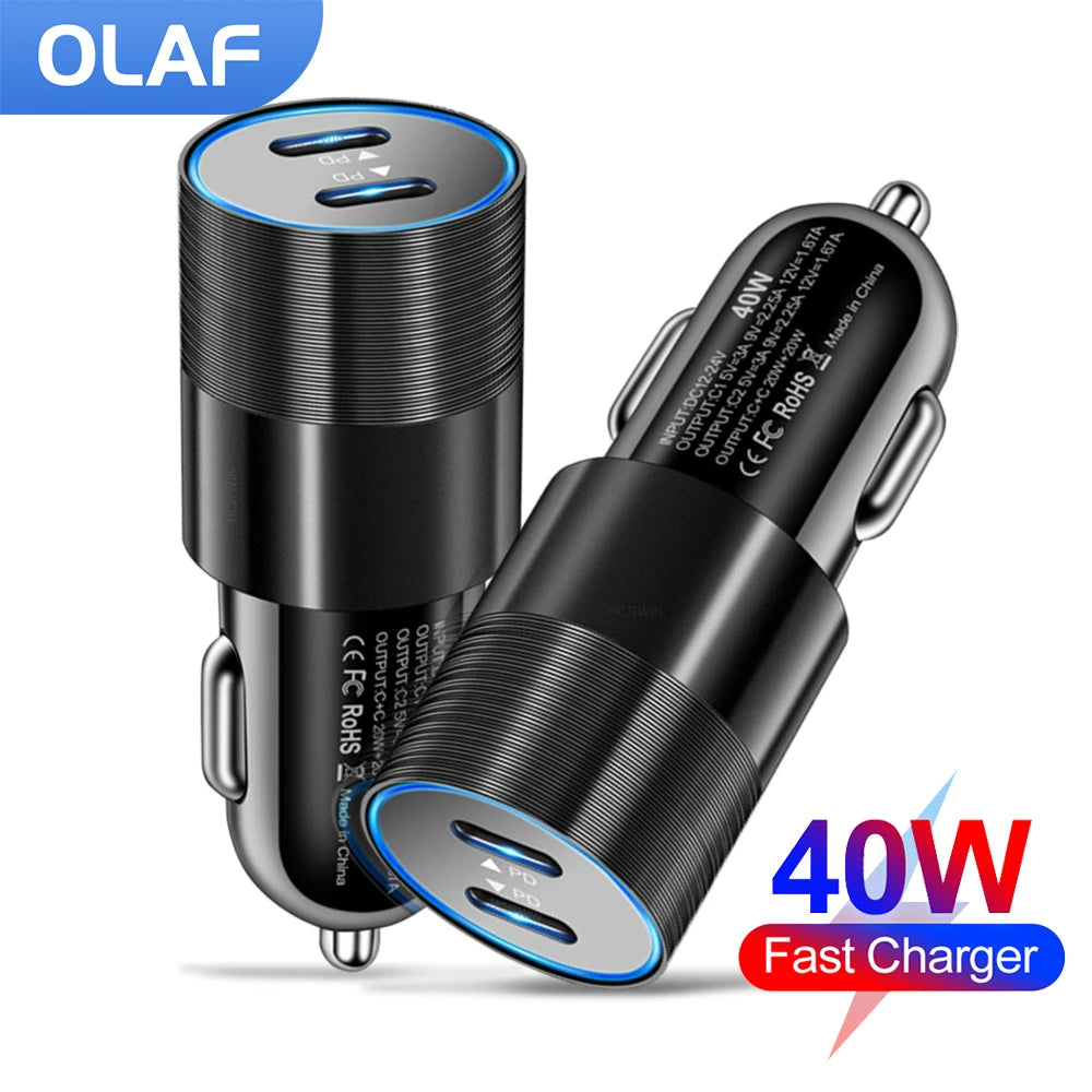Olaf Dual USB C Fast Car Charger 40W 2 Port Type C PD Car Ph