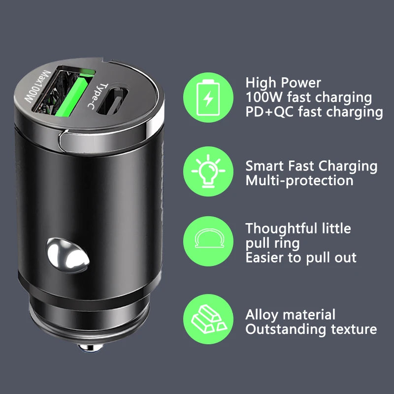 100W Mini Car Charger Lighter Fast Charging for iPhone QC3.0