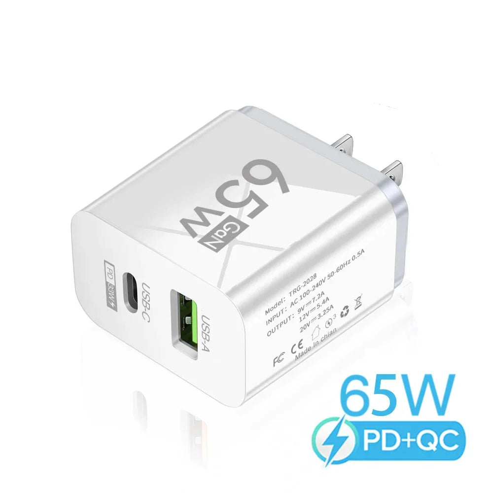 65W GaN USB C Charger Dual Port PD3.0 QC3.0 Fast Wall Adapter Type-C USB-A for iPhone Samsung Xiaomi Laptop EU US Plug Travel