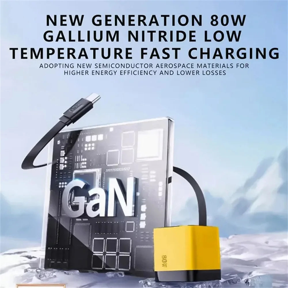 80W GaN USB C Fast Charger Retractable Cable Phone Charger A