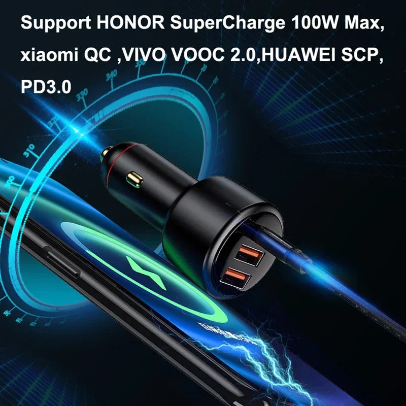 200W USB PD Car Charger 3port Super Fast Charger2.0 100W 65W