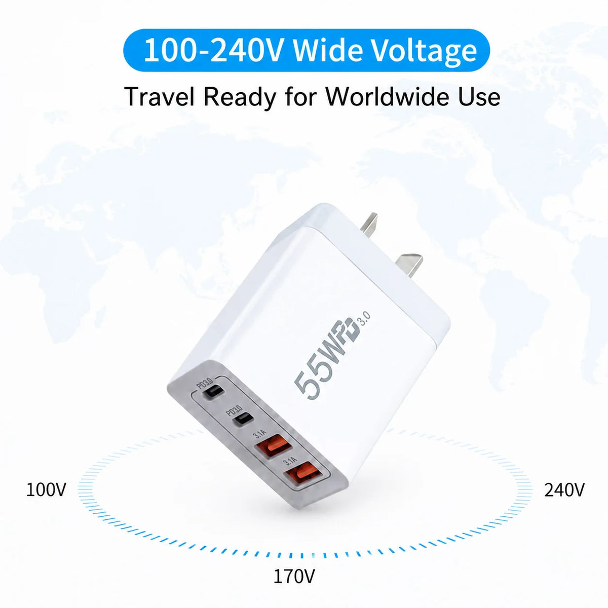 AU Plug 55W USB C Fast Charger 4 Port PD20W QC3.0 Wall Charg