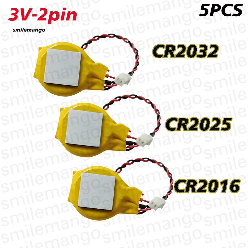 5PCS CR2032 CR2025 CR2016 3V Battery with 2Pin Wire Connecto