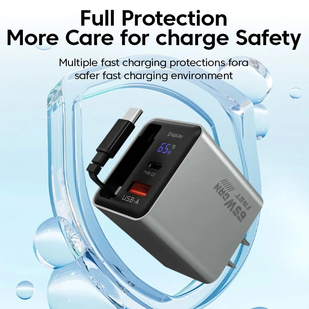 65W GaN USB Phone Charger With Retractable Type C Cable Supe