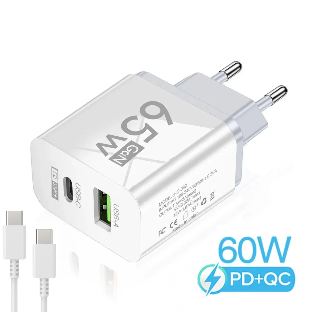 65W GaN USB C Charger Dual Port PD3.0 QC3.0 Fast Wall Adapter Type-C USB-A for iPhone Samsung Xiaomi Laptop EU US Plug Travel