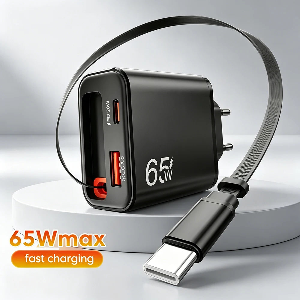 65W USB C Charger With Retractable Type C Cable EU/US/UK Plu