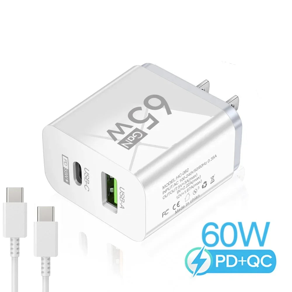 65W GaN USB C Charger Dual Port PD3.0 QC3.0 Fast Wall Adapter Type-C USB-A for iPhone Samsung Xiaomi Laptop EU US Plug Travel