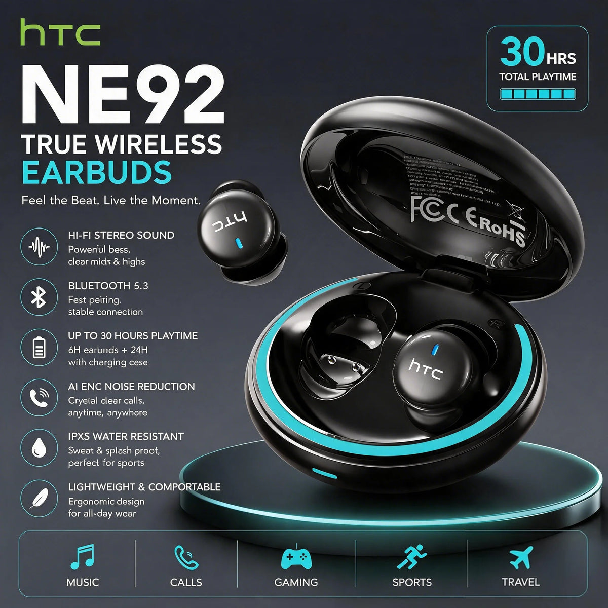 HTC NE92 TWS Wireless Earbuds 10mm Dynamic Drivers Smart Tou