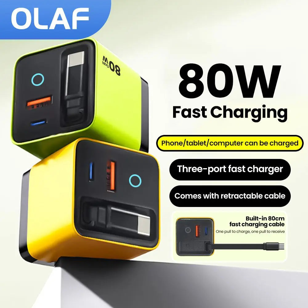 80W USB Charger with Retractable Type C Cable USB C Charger 