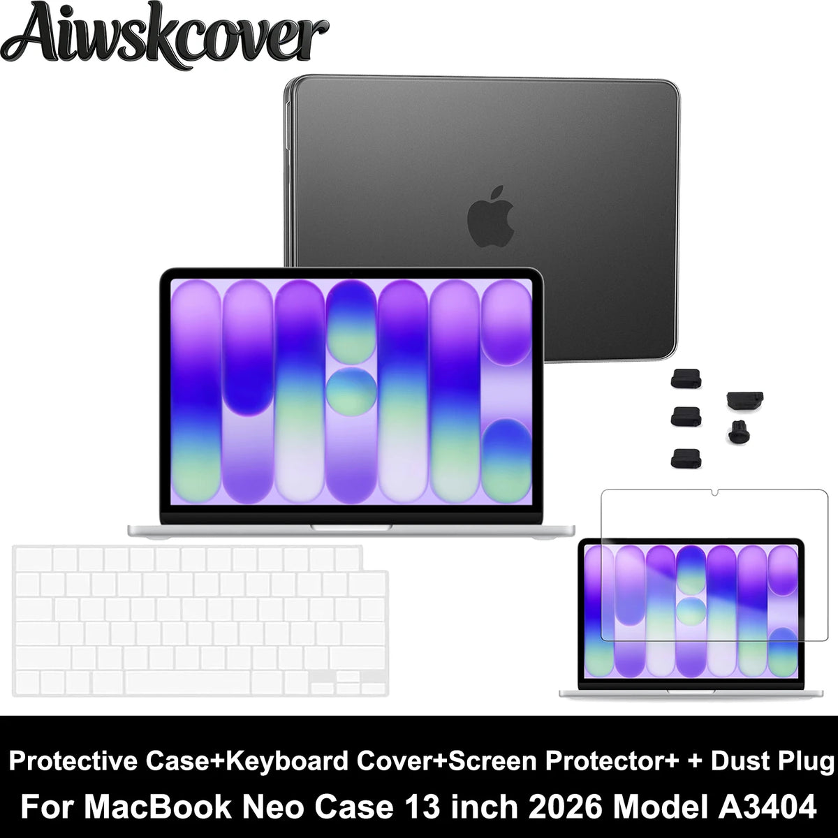 2/3/4pcs For MacBook Neo Case 13 inch 2026 A3404 Protective Case & Keyboard Cover & Screen Film & Dust Plug Laptop Accessories