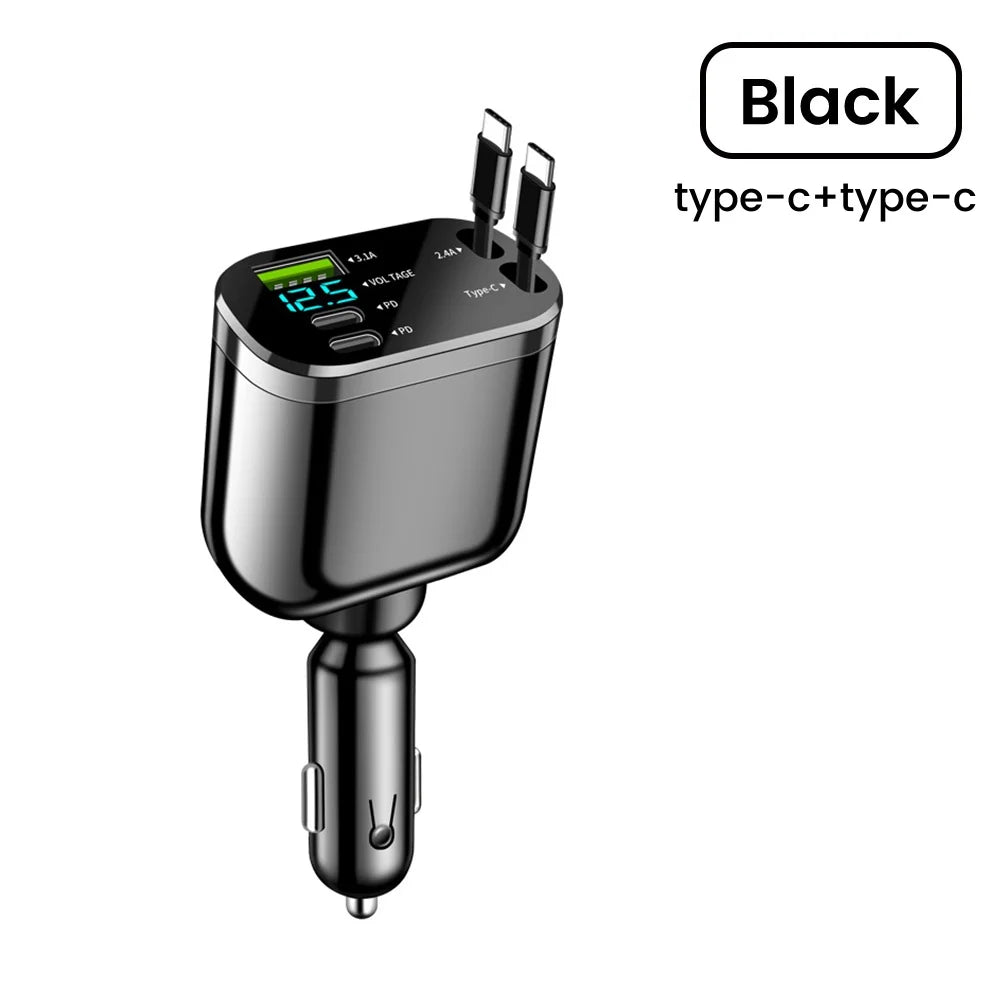 Elough Retractable Car Charger 5 in 1 Fast Charging Car Charger Retractable Cable 2 Type C Ports Car Charger Adapter Compatible