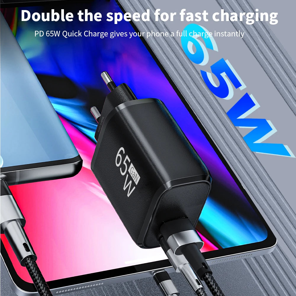 USB Charger 65W GaN Type C Fast Charging PD Power Adapter Qu