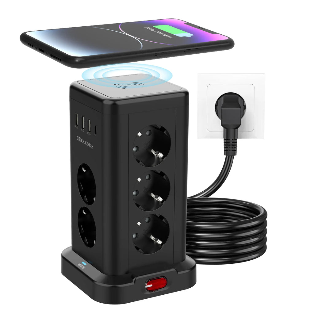 15-in-1 Smart Power Board with EU Plug Standard 3680W 7/11AC Socket 3USB-A and 1USB-C Charging Ports 2-Meter Extension Cable