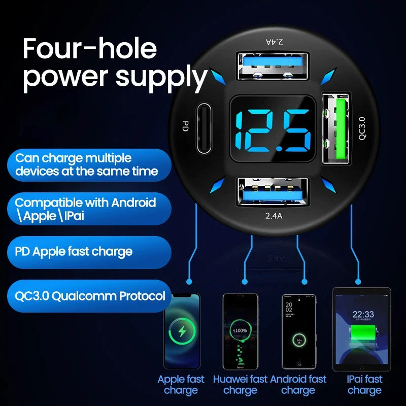 PD Quick Car Charger QC3.0 2.4A 4 Ports USB Fast Charging Ca