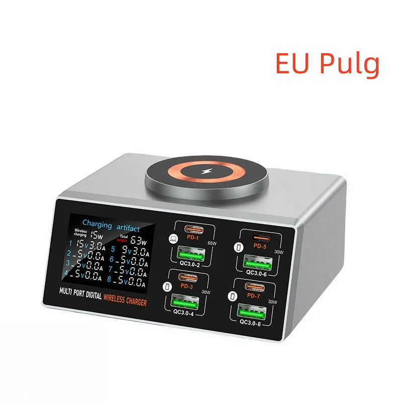 140W Multi-Port Charger with Digital Display PD+QC and Desktop Magnetic Wireless Charging for Phones and Laptops