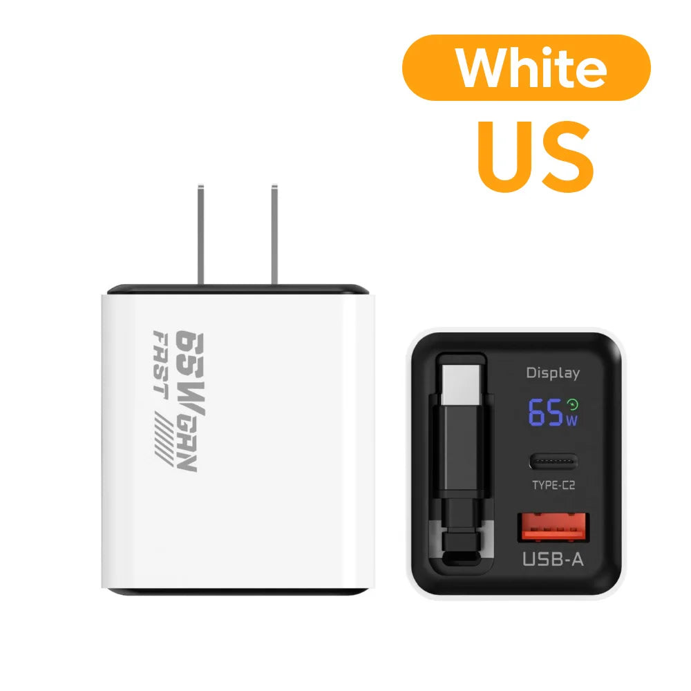 65W GaN USB Phone Charger With Retractable Type C Cable Super Fast Charge Charger Adapter For iPhone 17 Samsung Wall cargadores
