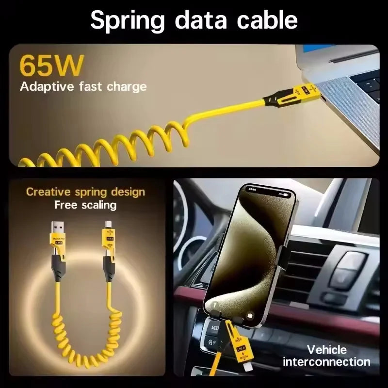 4 in 1 65W Spring Short Data Cable 6A USB Type C Spring Tele