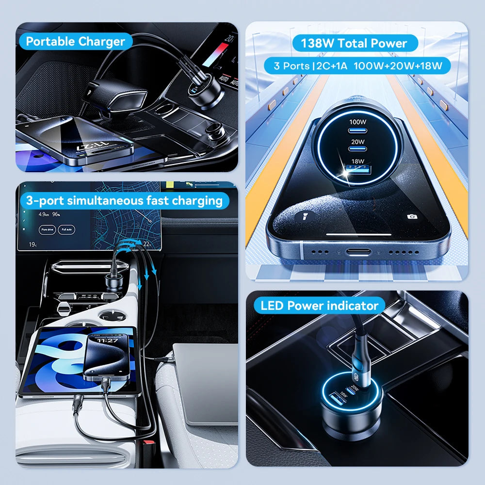 138W Car Charger Fast USB Type C Car Phone Charge 100W 65W 4