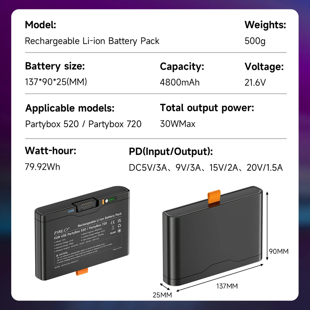 PALO 21.6V Replacement Battery for JBL Partybox 520 Partybox