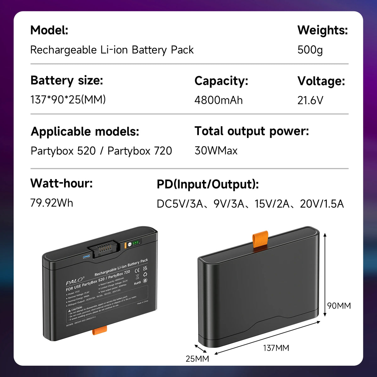 PALO 21.6V Replacement Battery for JBL Partybox 520 Partybox