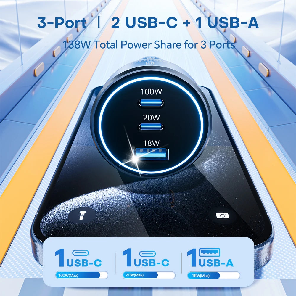 138W Car Charger Fast USB Type C Car Phone Charge 100W 65W 4