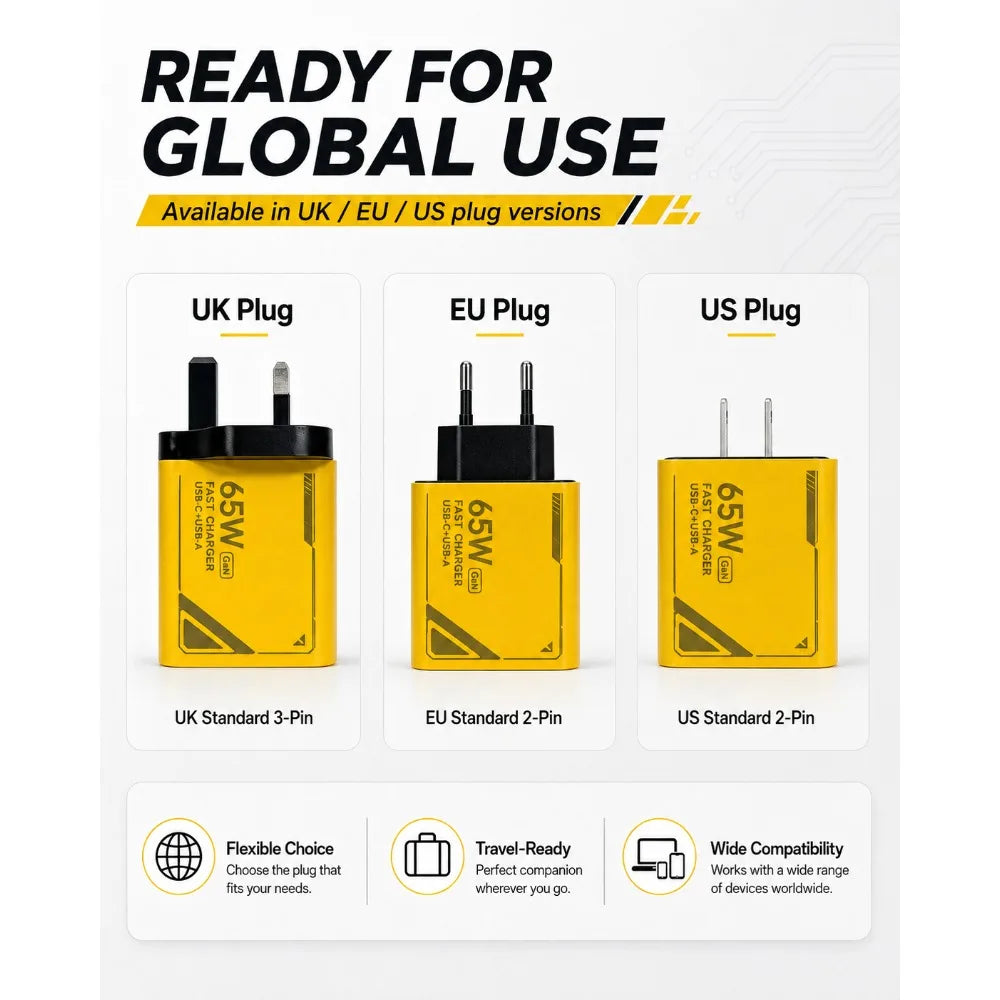 65W GAN Pattern Multi Port Travel Fast Charger Black Yellow 