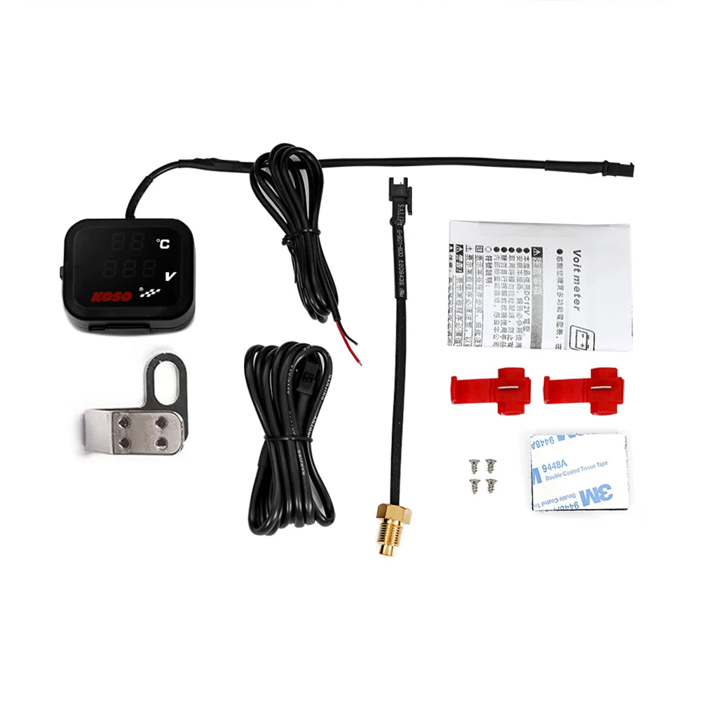 KOSO Water Temp Meter Voltmeter Gauge Motorcycle Phone USB Charger Charging 3 in 1 Waterproof LCD Digital Display