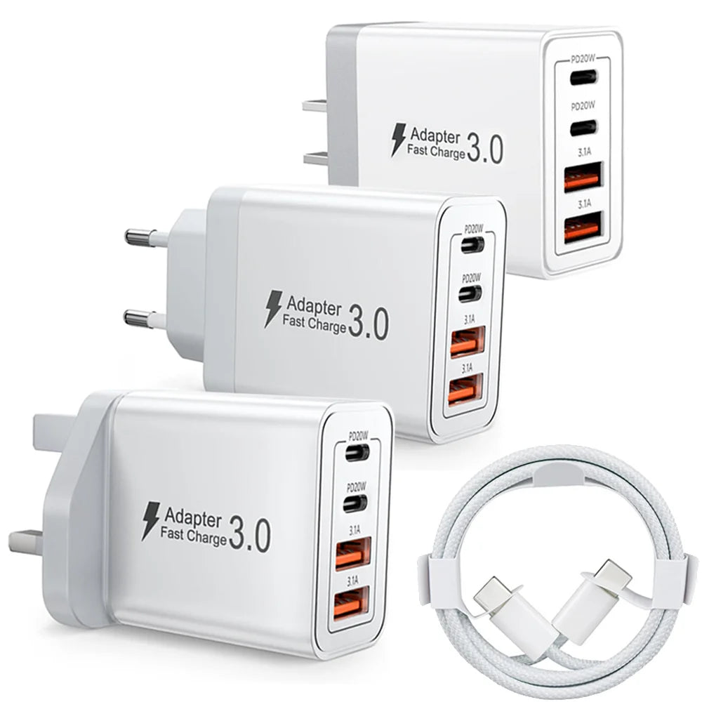 EU/UK/US/AU Plug Multi-Port USB-C/USB-A Wall Charger with Ty