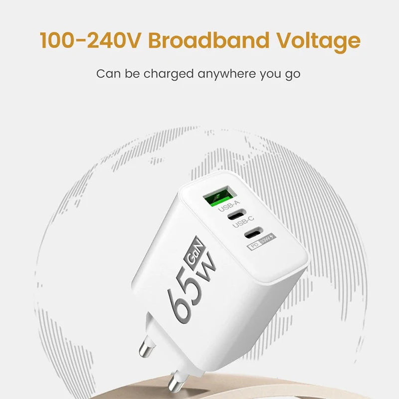 GaN Fast Charging 65W USB Type C Charger EU KR US PD 3.0 Qui