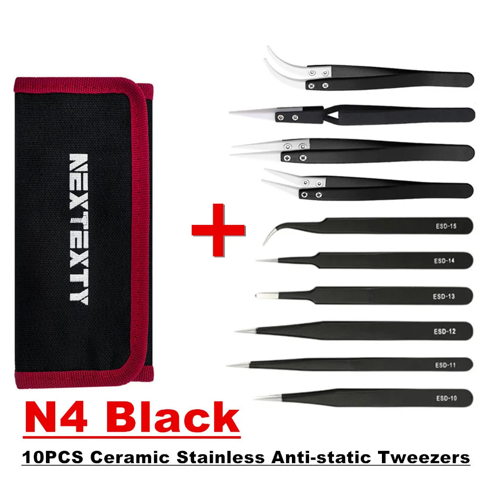 10Pcs Tweezers Set With Bag Industrial Electronic ESD Stainless Steel Anti-Static Precision Tweezer Kits Phone Repair Hand Tools