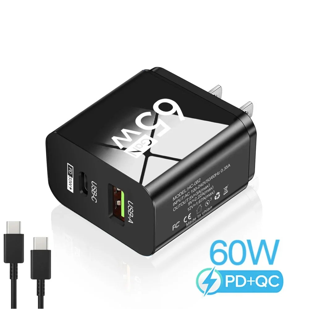 65W GaN USB C Charger Dual Port PD3.0 QC3.0 Fast Wall Adapter Type-C USB-A for iPhone Samsung Xiaomi Laptop EU US Plug Travel