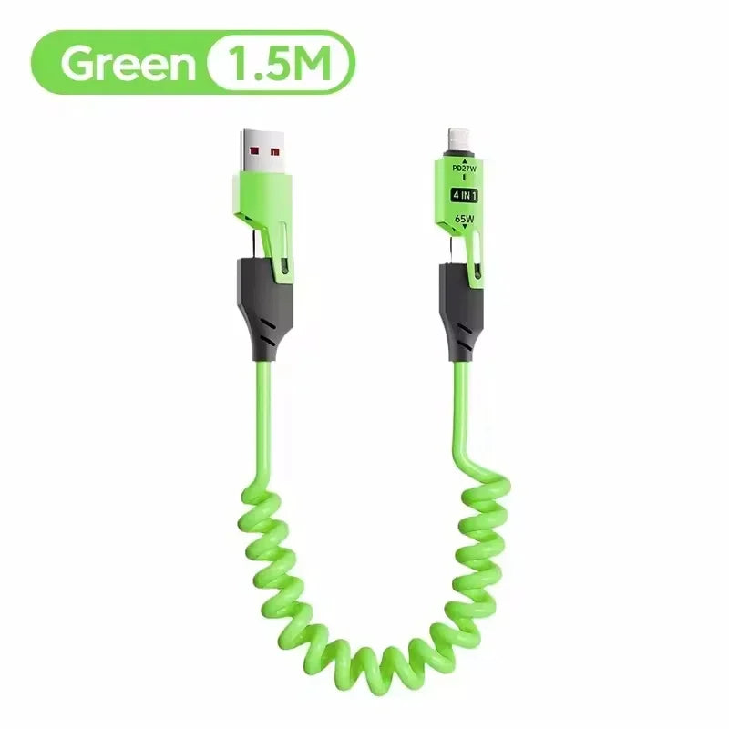65W Spring Short Data Cable 6A USB Type C 4 in 1 Spring Telescopic Quick Charger Wire Spring USB Cable for iPhone iPad MacBook