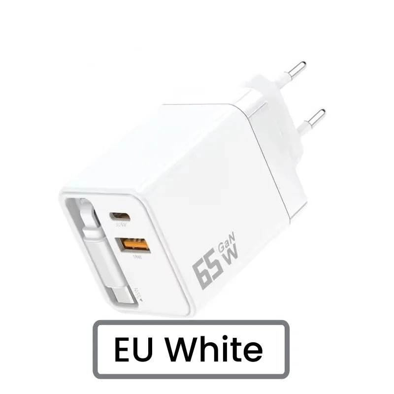 65W GaN PD USB-C Charging Head Fast Charger With Built-in 80cm TypeC Cable Suitable for iPhone16 15 Promax NEW 2025