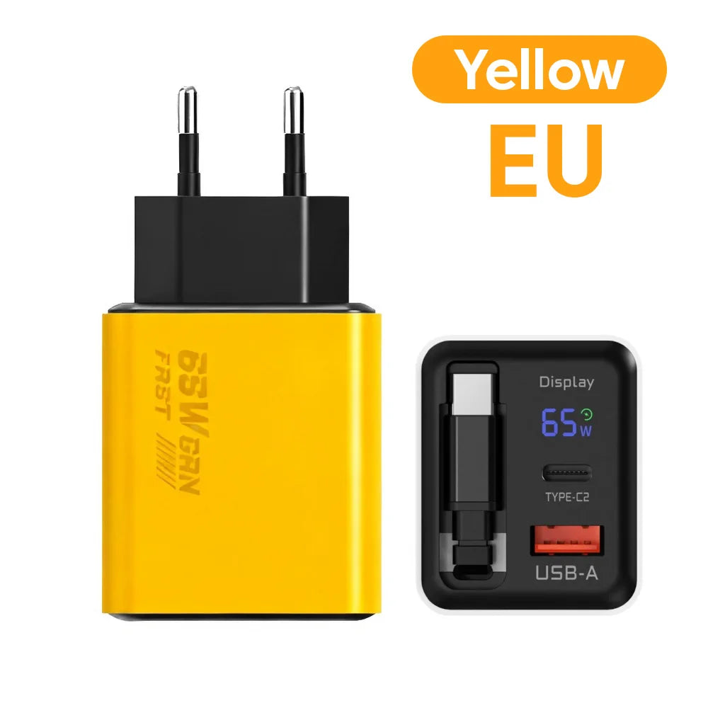65W GaN USB Phone Charger With Retractable Type C Cable Super Fast Charge Charger Adapter For iPhone 17 Samsung Wall cargadores