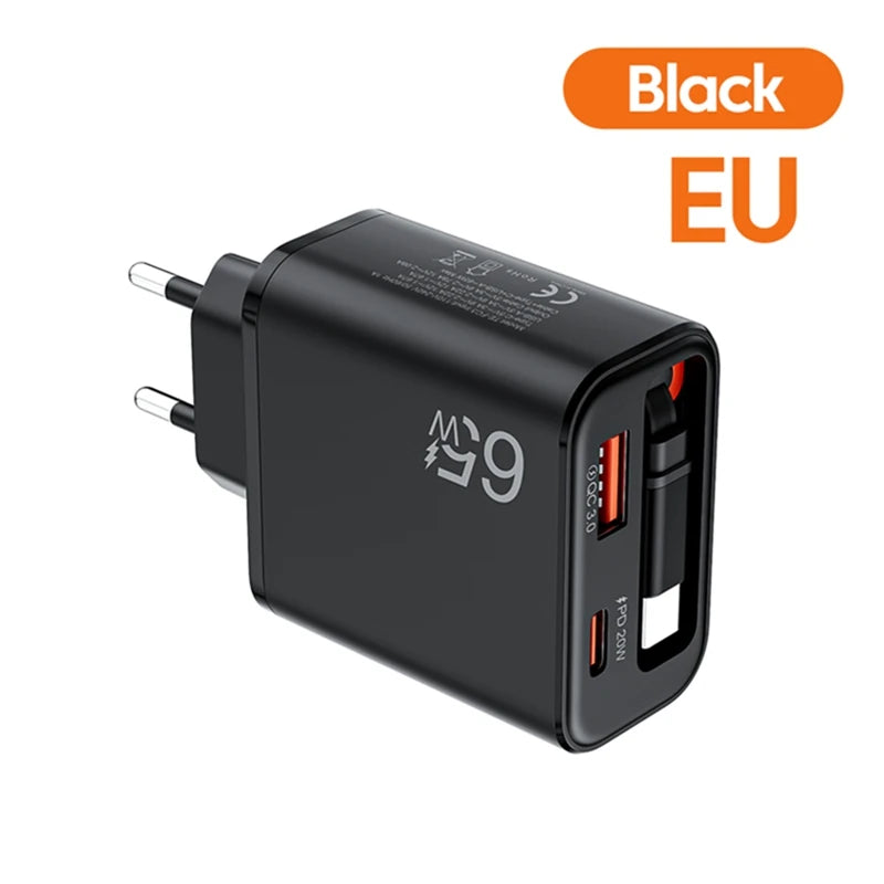 New 65W Super Fast Charge Type C USB Phone Charger With Retractable USB C Cable For Iphone 17 16 15 Samsung POCO Xiaomi