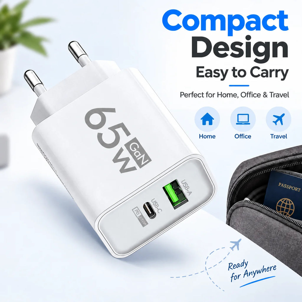 65W GaN USB C Fast Charger Type C Quick Charge Wall Adapter 