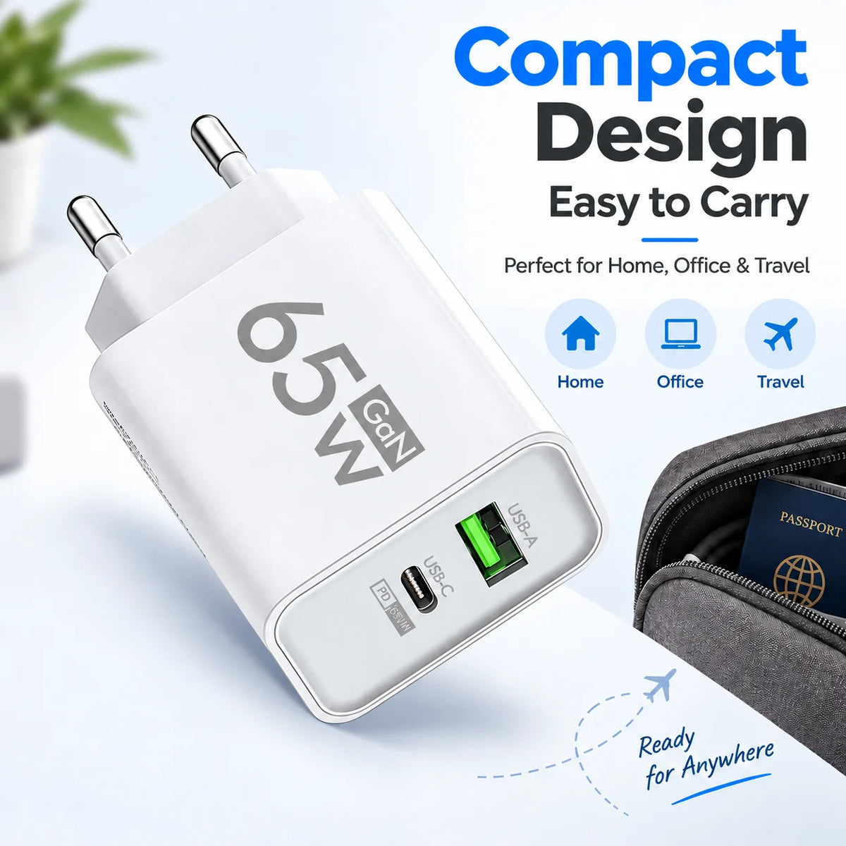 65W GaN USB C Fast Charger Type C Quick Charge Wall Adapter 