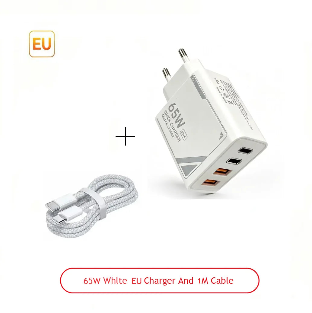 65W GaN Pattern Multi Port Travel Fast Charger Black Yellow White Optional EU US Plug Kit with 1M Braided USB C Cable