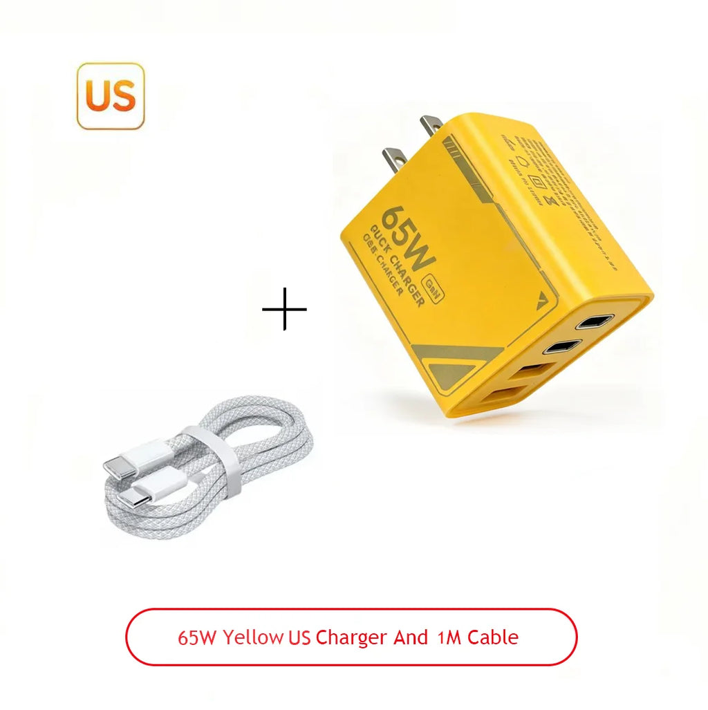 65W GAN Pattern Multi Port Travel Fast Charger Black Yellow White Optional EU US Plug Charging Kit with 1M Braided USB C Cable