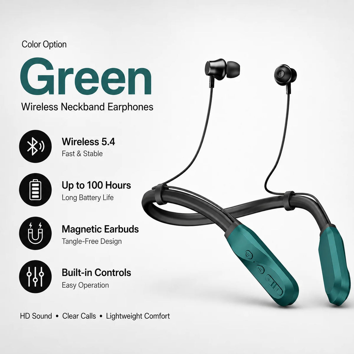Bluetooth 5.4 Neckband Wireless Earbuds with Mic 100H Standby Stereo Magnetic Sports Headphones for Running Gym Travel Phone