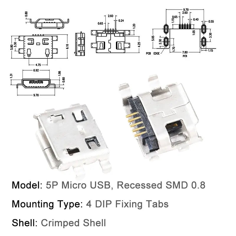 10PCS Micro USB Android Female Charging Socket Flat Edge Crimped Type 5Pin 4 Mounting Pins SMD & DIP Tail Connector