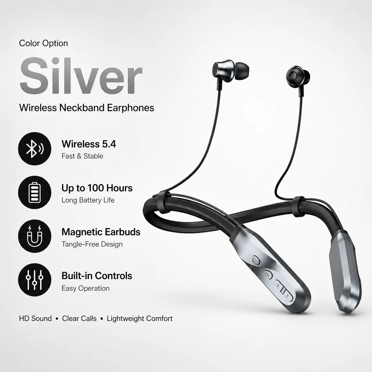 Bluetooth 5.4 Neckband Wireless Earbuds with Mic 100H Standby Stereo Magnetic Sports Headphones for Running Gym Travel Phone