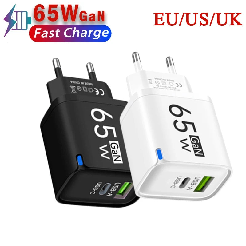 65W GaN USB Charger Type C Fast Charging Mobile Phone Travel Adapter USB Quick Charge3.0 For iPhone Samsung Xiaomi EU/US/UK Plug