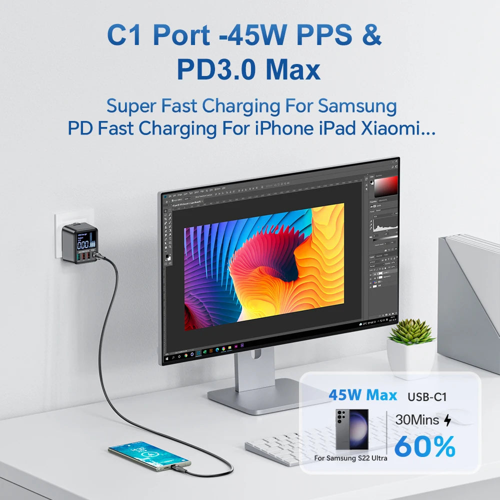 ASOMETECH 72W GaN USB Charger 4 Port With LED Display QC3.0 