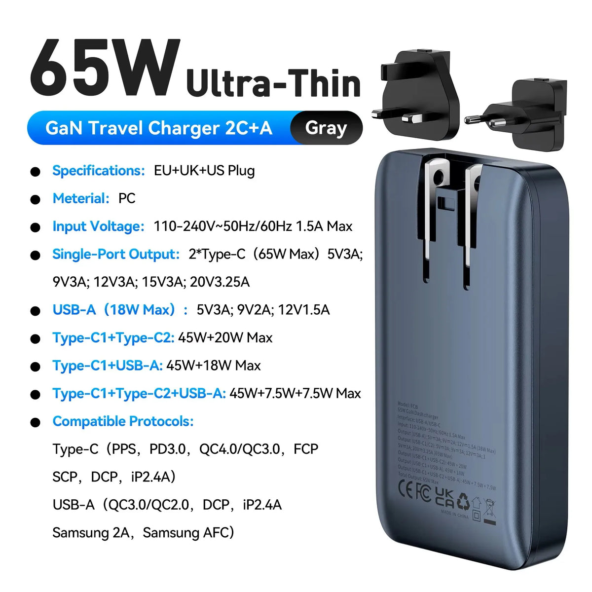 Vention 65W GaN Charger PD3.0 PPS QC4+ USB C Portable Travel Fast Charger for Laptop iPhone 16 15 14 Pro Max Quick Charge