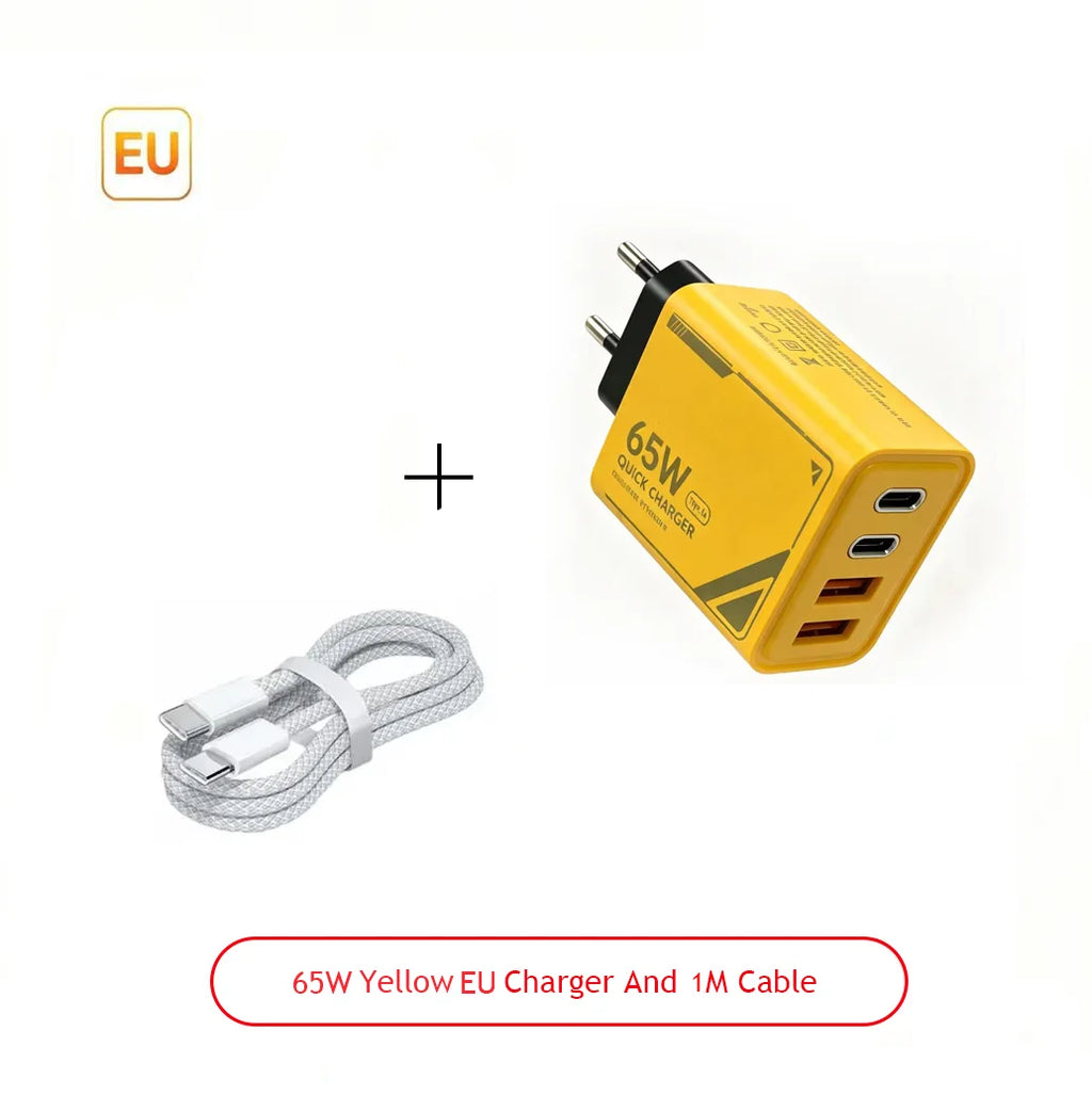65W GAN Pattern Multi Port Travel Fast Charger Black Yellow White Optional EU US Plug Charging Kit with 1M Braided USB C Cable