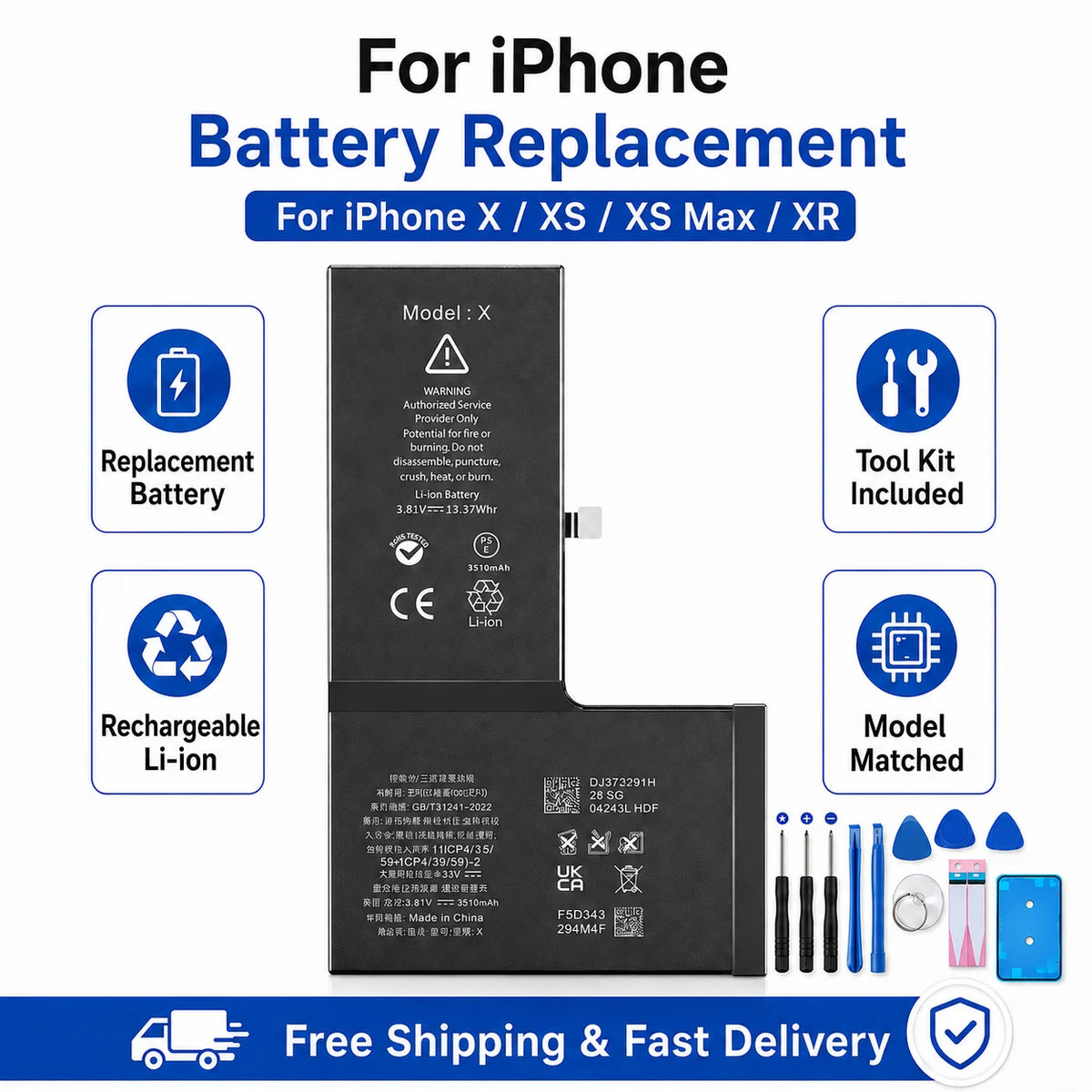 For iPhone X XS XR XS Max Replacement Battery Rechargeable L