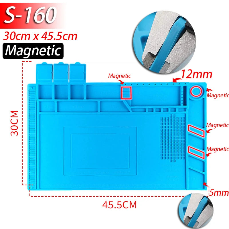 Soldering Station Mat Silicone Work Mat Heat Resistant 932 F Anti-Static Magnetic Mat for Electronic Phone Laptop Watch Repair